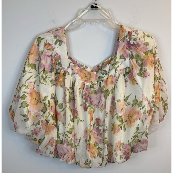 ANTHROPOLOGIE Babydoll Balloon Top Women Medium Floral Chiffon Square Neck Crop - Picture 2 of 12